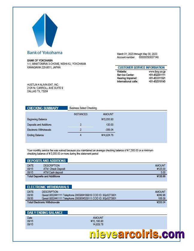 Bank of Yokohama company checking account statement